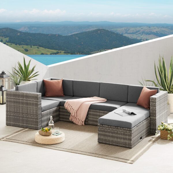 The Ella-Mae Grey Rattan Garden Furniture 6 Seat Corner Sofa and Coffee Table Patio Set