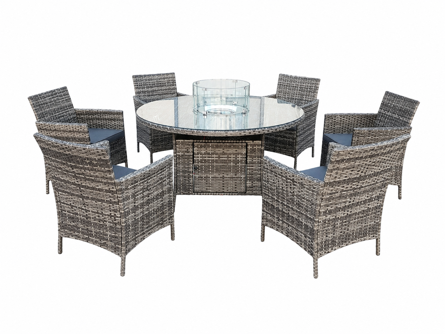 June Rattan Fire Pit Dining Set - Round Table with 6 Chairs - Image 3