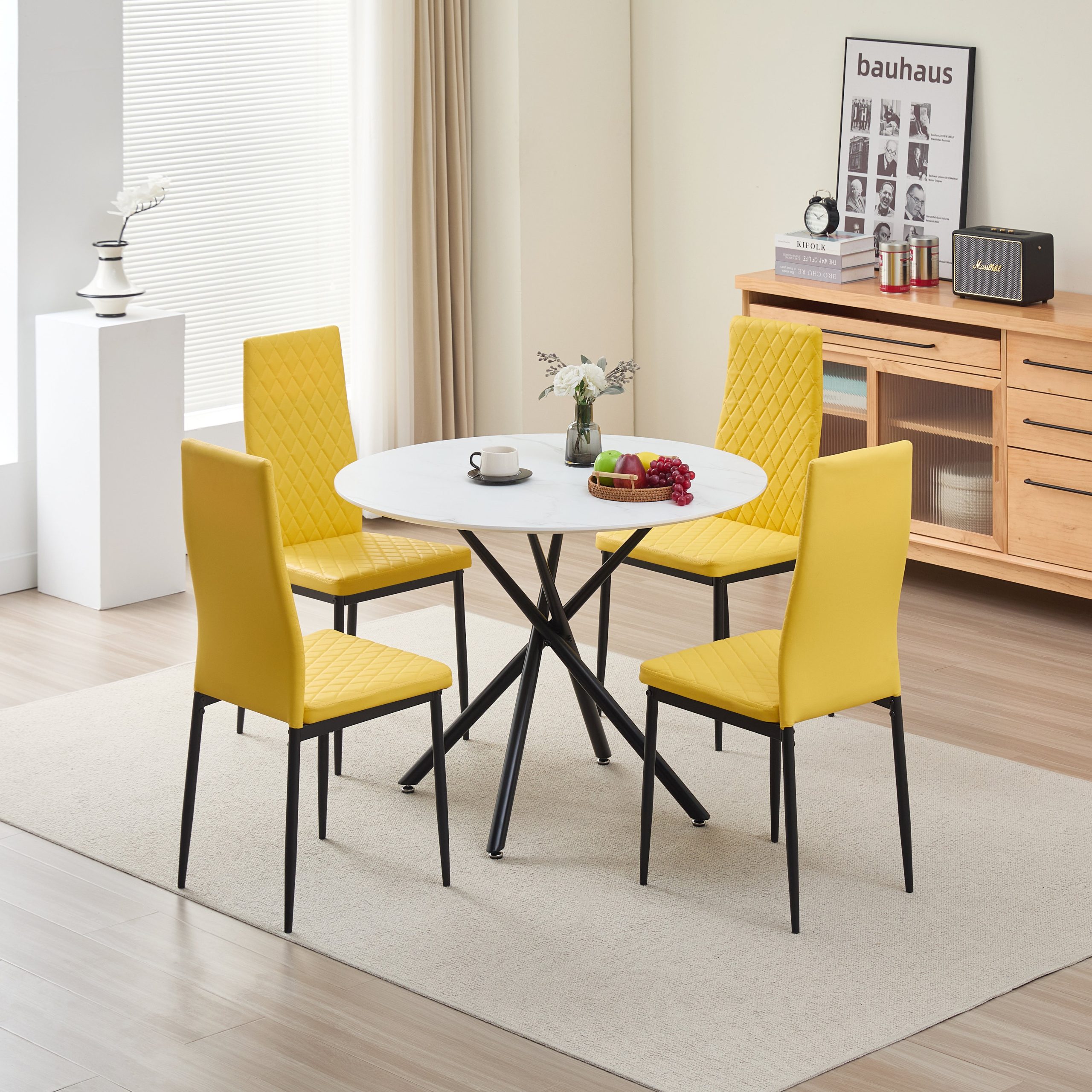 Reuben Dining Table with 4 Emily Leather Chairs - Yellow