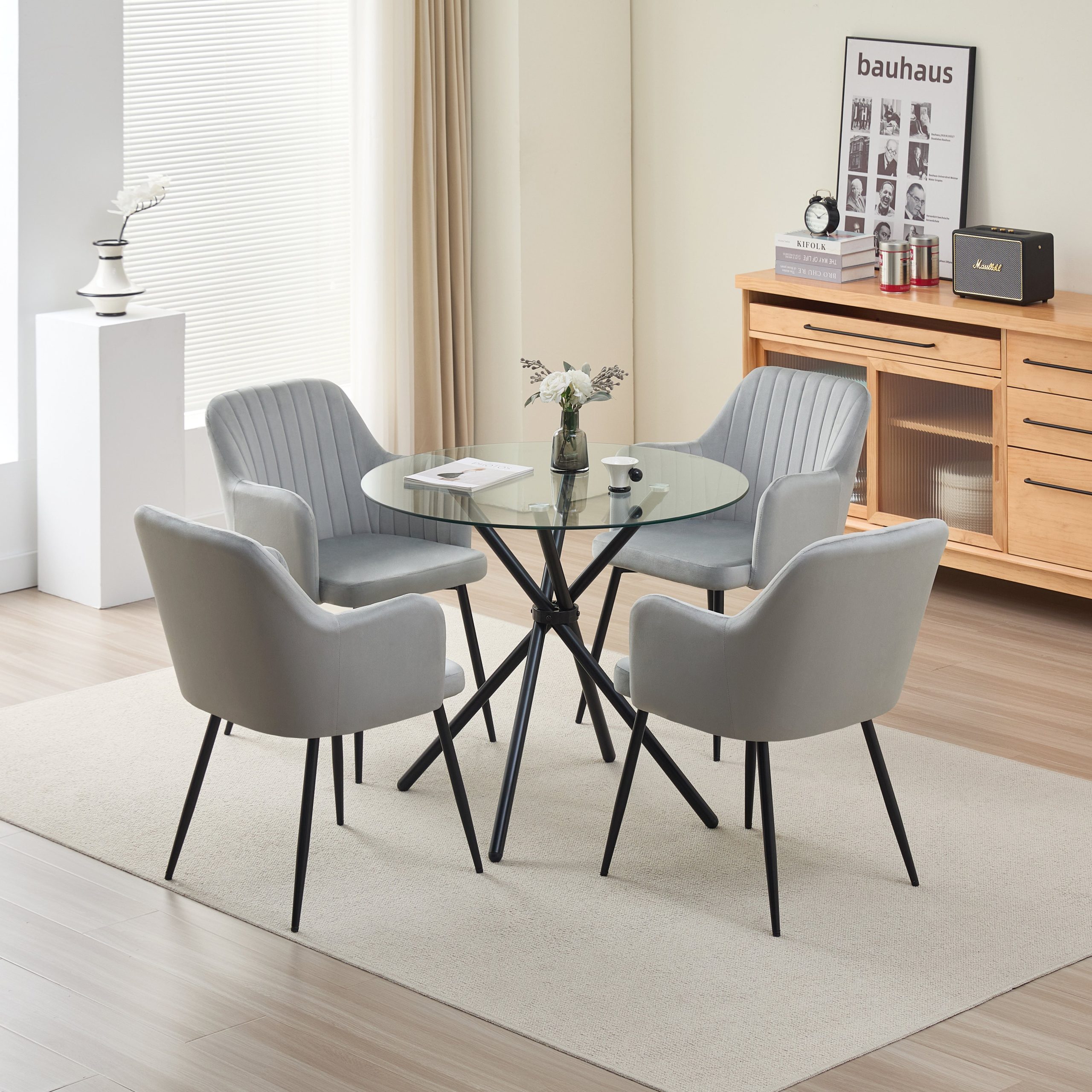 Elsie Dining Table with 4 Charlotte Velvet Chairs - Grey