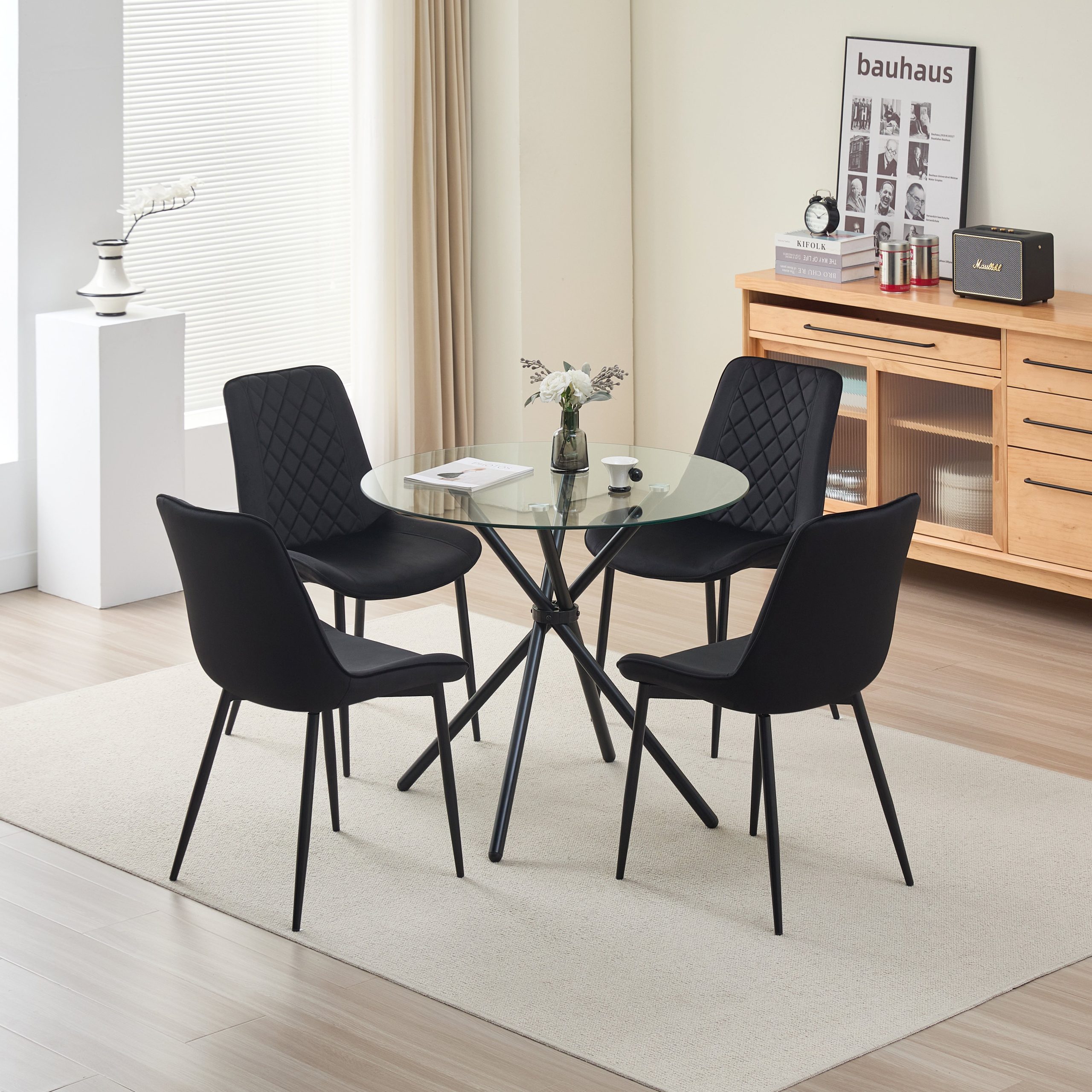 Elsie Dining Table with 4 Amelia Velvet Chairs - Black