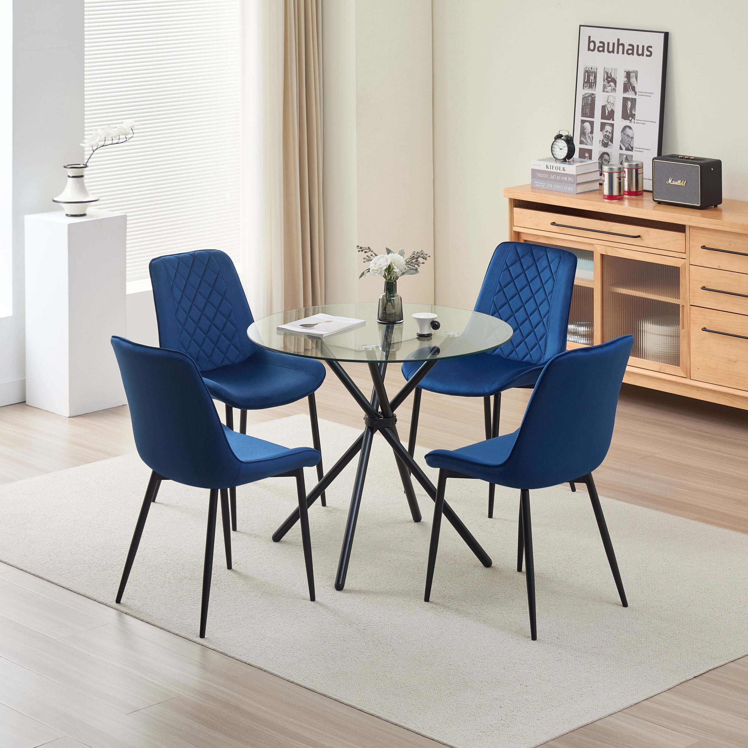 Elsie Dining Table with 4 Amelia Velvet Chairs - Blue