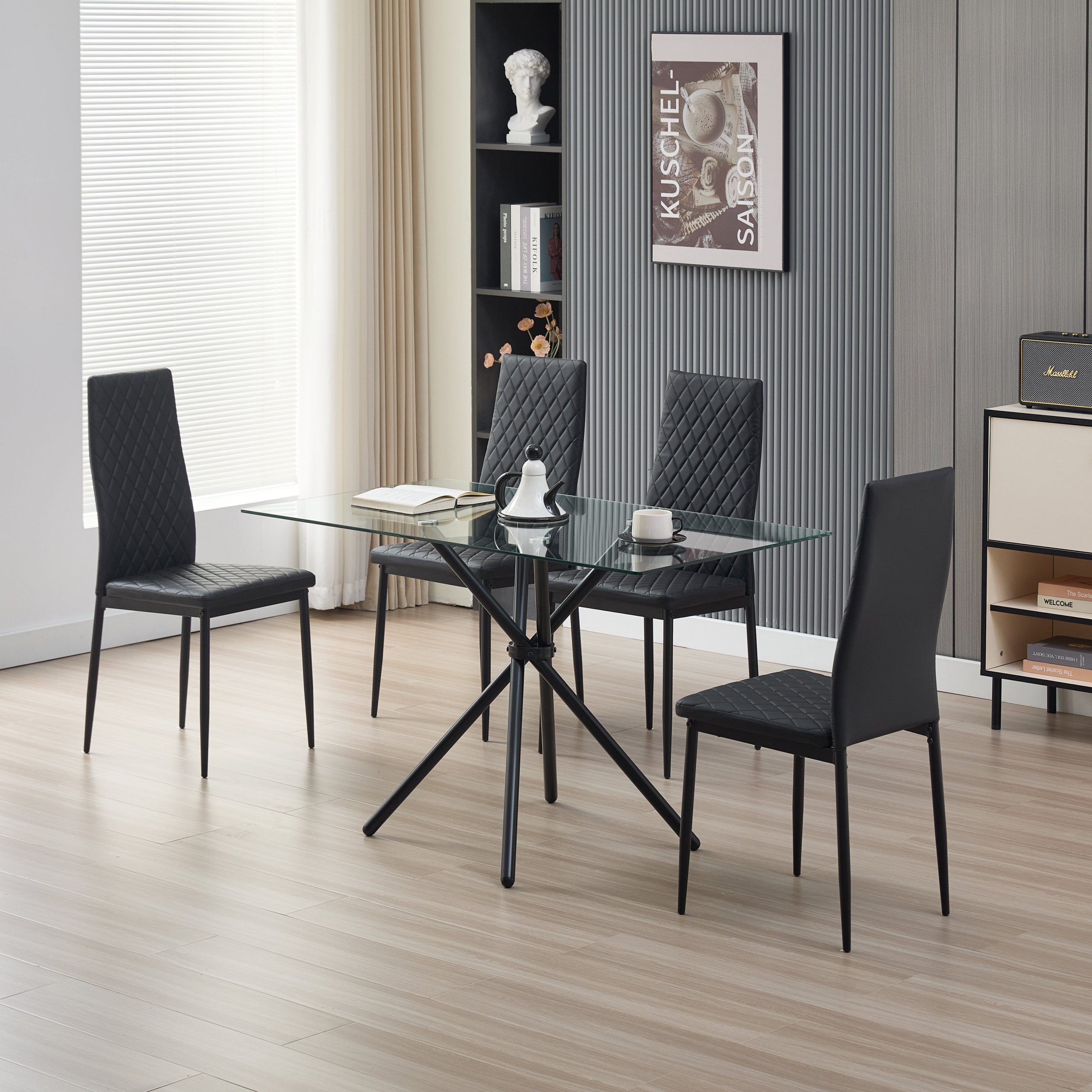 Skyla-Mae Dining Table with 4 Emily Leather Chairs - Black