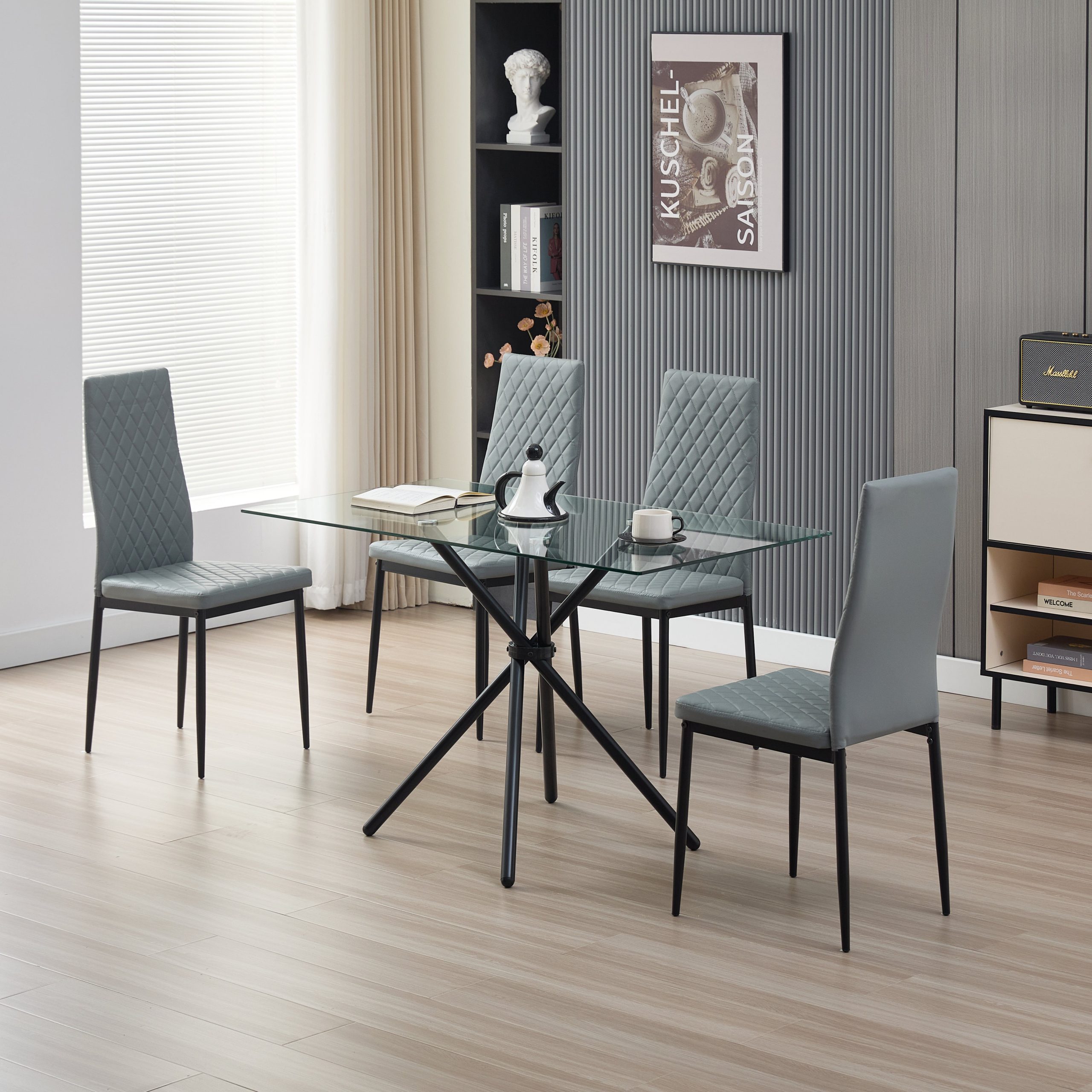 Skyla-Mae Dining Table with 4 Emily Leather Chairs - Grey