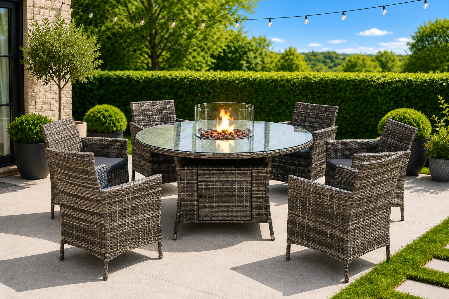 June Rattan Fire Pit Dining Set - Round Table with 6 Chairs - Image 2