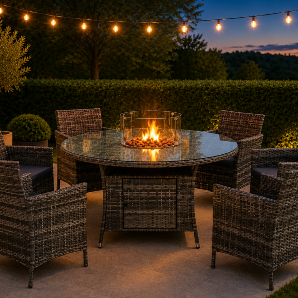 June Rattan Fire Pit Dining Set - Round Table with 6 Chairs