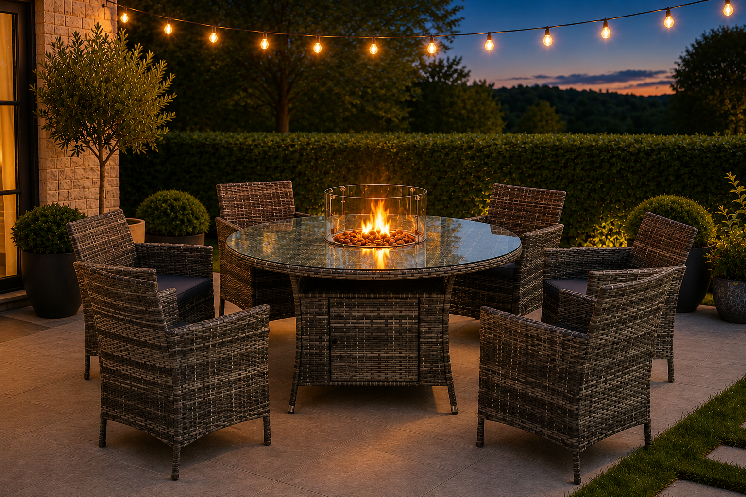 June Rattan Fire Pit Dining Set - Round Table with 6 Chairs
