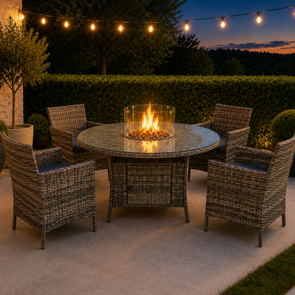June Rattan Fire Pit Dining Set - Round Table with 4 Chairs