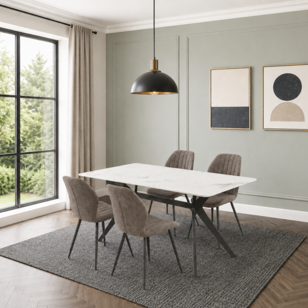 Darcie Marble Top Dining Table with Jaydn Leather Chairs