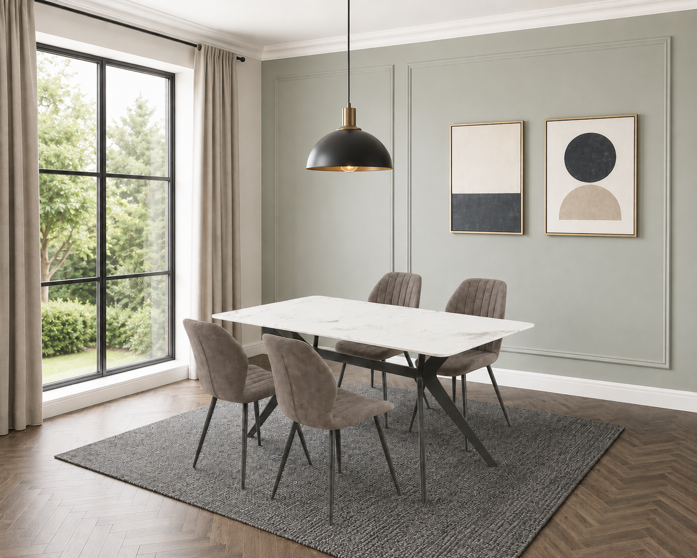 Darcie Marble Top Dining Table with Jaydn Leather Chairs