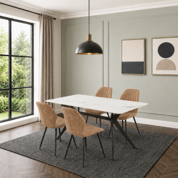Darcie Marble Top Dining Table with Jaydn Leather Chairs - Tan