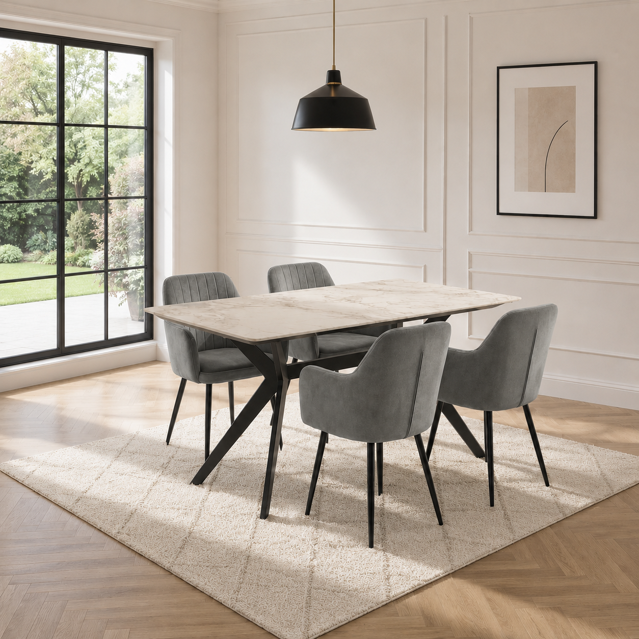 Darcie Marble Top Dining Table with Charlotte Velvet Chairs