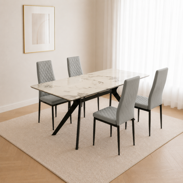 Darcie Marble Top Dining Table with Emily Leather Chairs