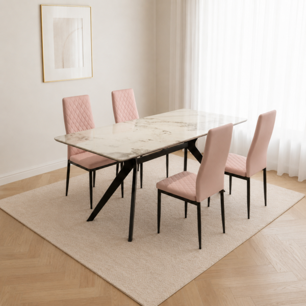 Darcie Marble Top Dining Table with Emily Leather Chairs - Pink
