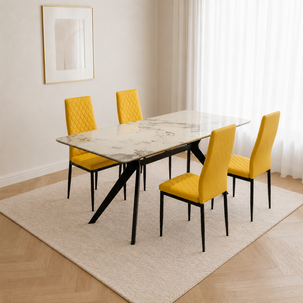 Darcie Marble Top Dining Table with Emily Leather Chairs - Yellow