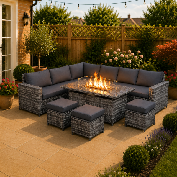 The Dexter Grey 9 Seat Corner Firepit Rattan Dining Set