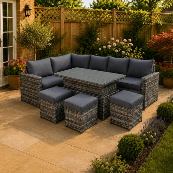 The Dexter Grey 9 Seat Corner Rattan Dining Set - Rising Table