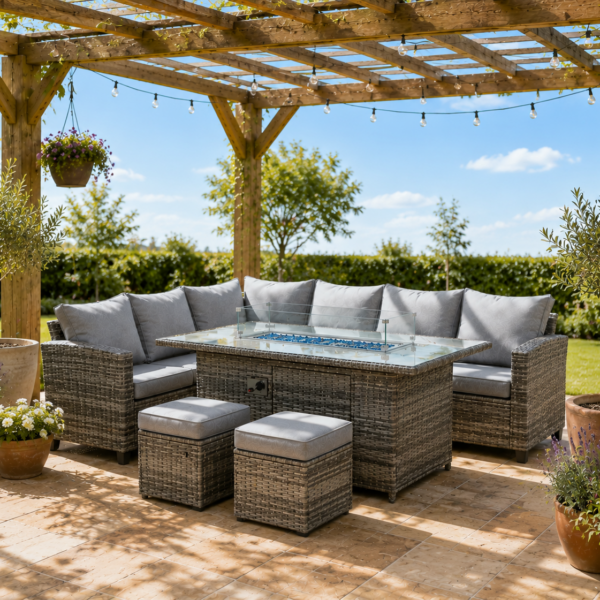 The Betsy 8 Seat Corner Gas Firepit Rattan Dining Set Dark Grey