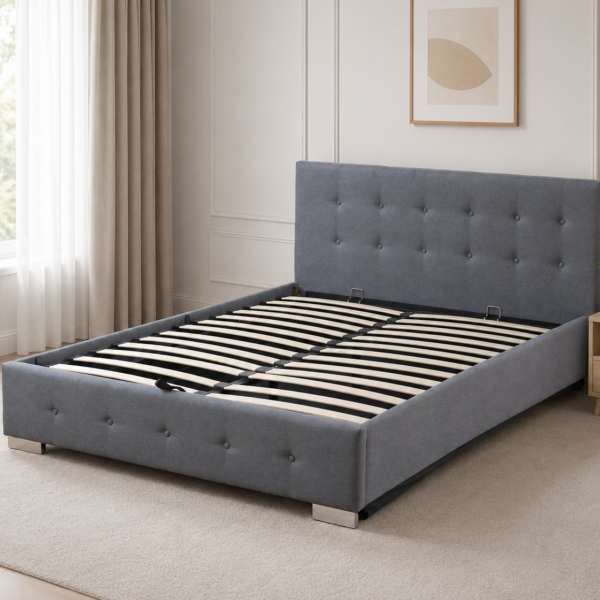 The Hallie Grey Linen Tufted Ottoman Bed Frame