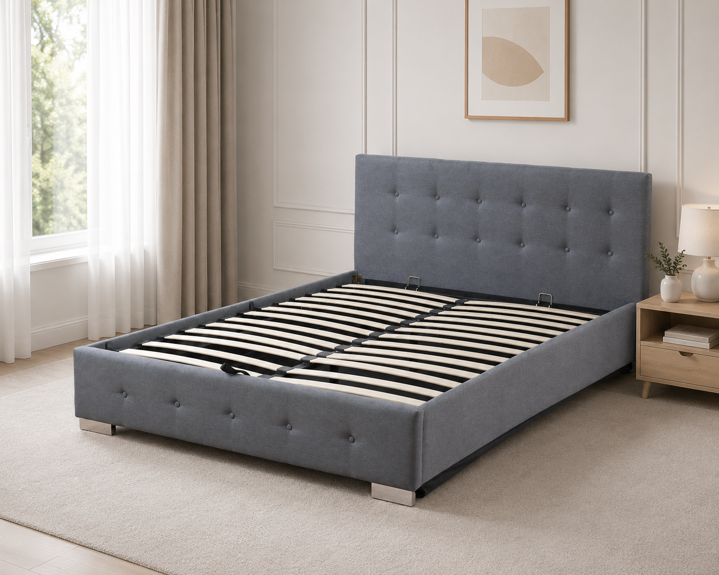The Hallie Grey Linen Tufted Ottoman Bed Frame - Grey-Double, Double