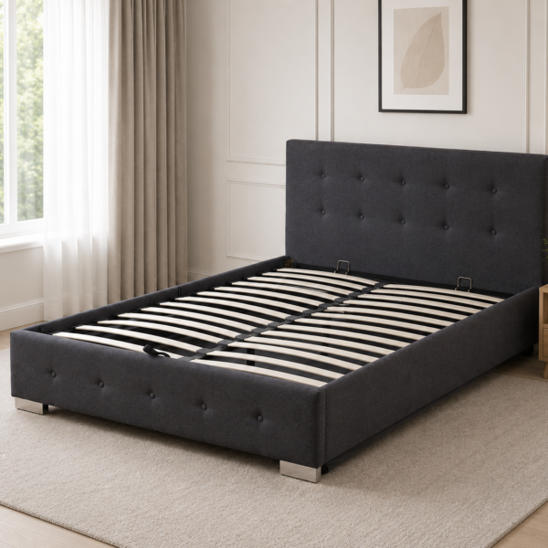 The Hallie Grey Linen Tufted Ottoman Bed Frame - Charcoal-Double, Double