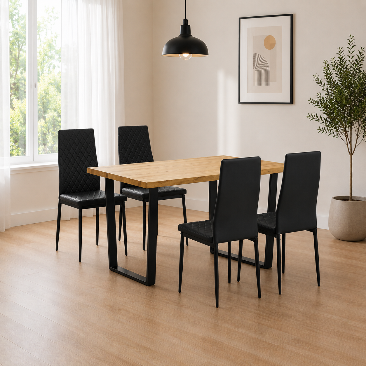Margot Dining Table with 4 Emily Leather Chairs - Black