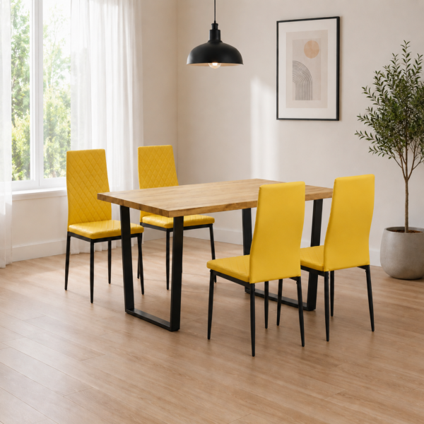 Margot Dining Table with 4 Emily Leather Chairs - Yellow