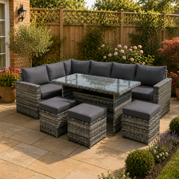 The Dexter Grey 9 Seat Corner Rattan Dining Set - Fixed Table
