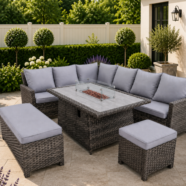 The Lenny Grey Aluminium 9 Seat Corner Gas Firepit Rattan Dining Set