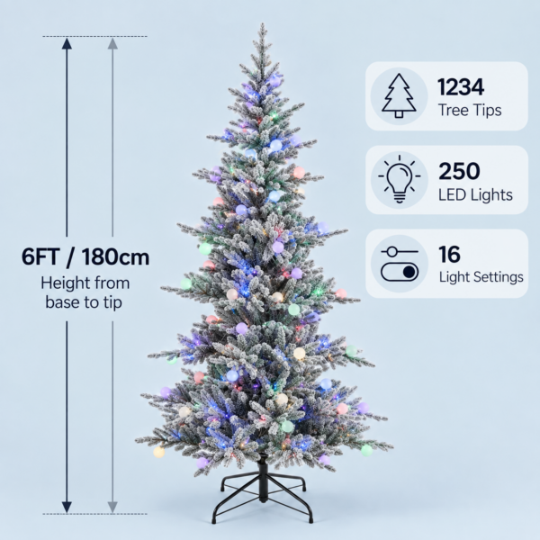 Snowfall Sparkle Flocked White Multi-Colour Christmas Tree - 6FT