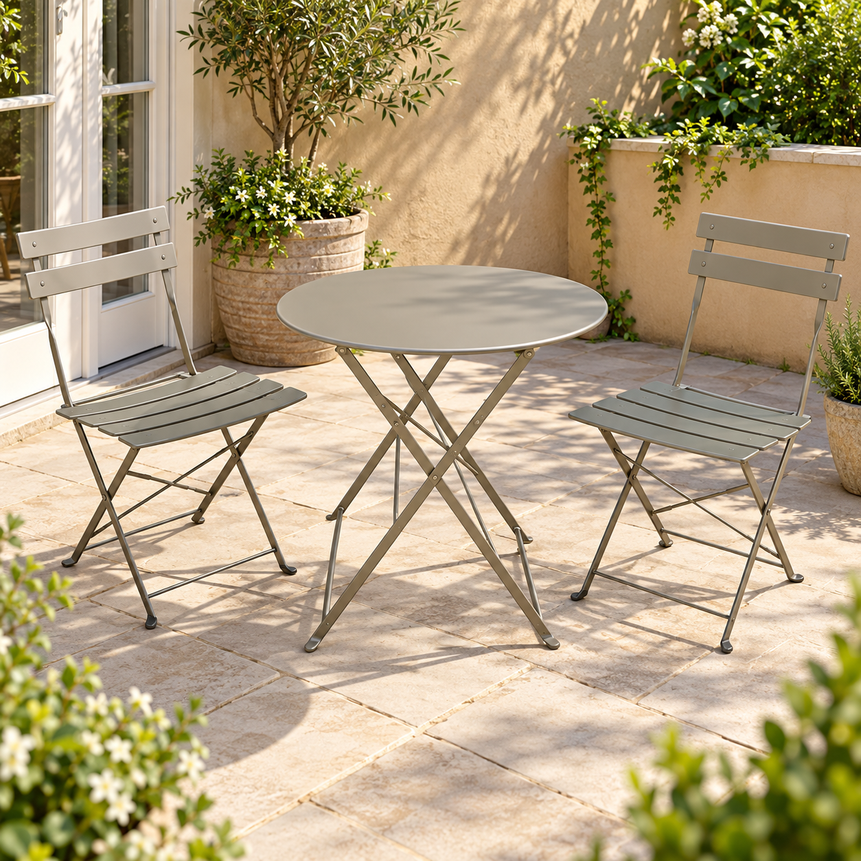 The Sutton-Leach Three-Piece Folding Metal Bistro Set – Grey - Image 3