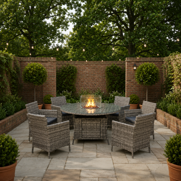 June Rattan Fire Pit Dining Set - Round Table with 6 Chairs