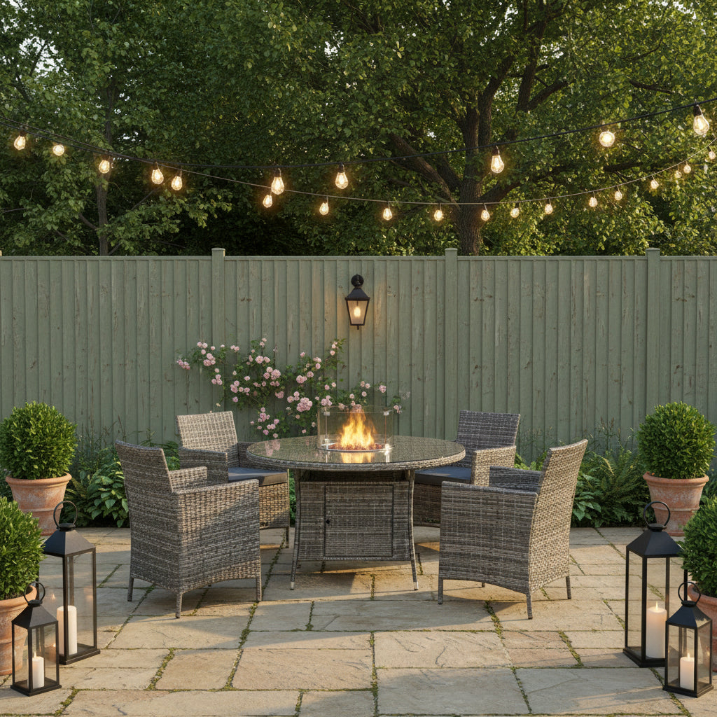 June Rattan Fire Pit Dining Set - Round Table with 4 Chairs - Image 2