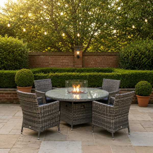 June Rattan Fire Pit Dining Set - Round Table with 4 Chairs