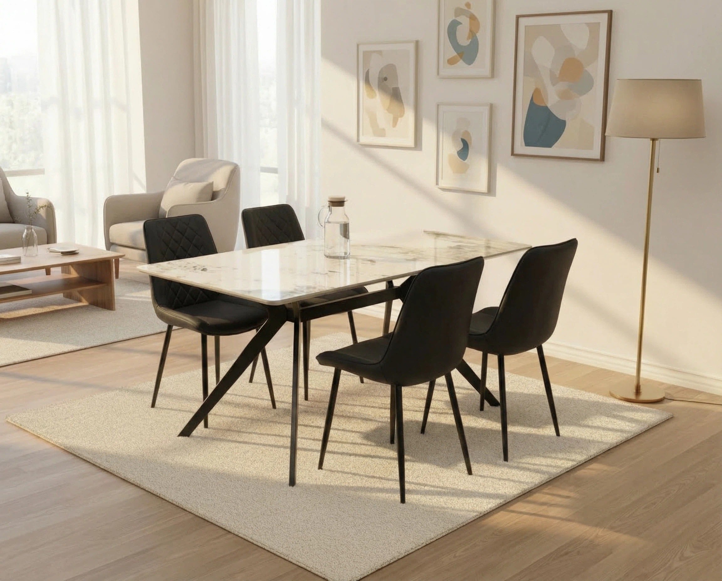 Darcie Marble Top Dining Table with Amelia Velvet Chairs