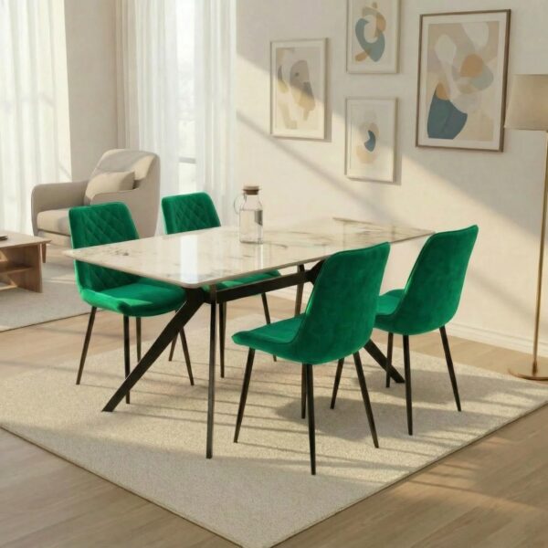 Darcie Marble Top Dining Table with Amelia Velvet Chairs - Green