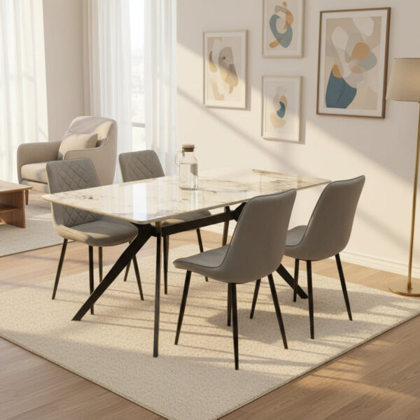 Darcie Marble Top Dining Table with Amelia Velvet Chairs - Grey