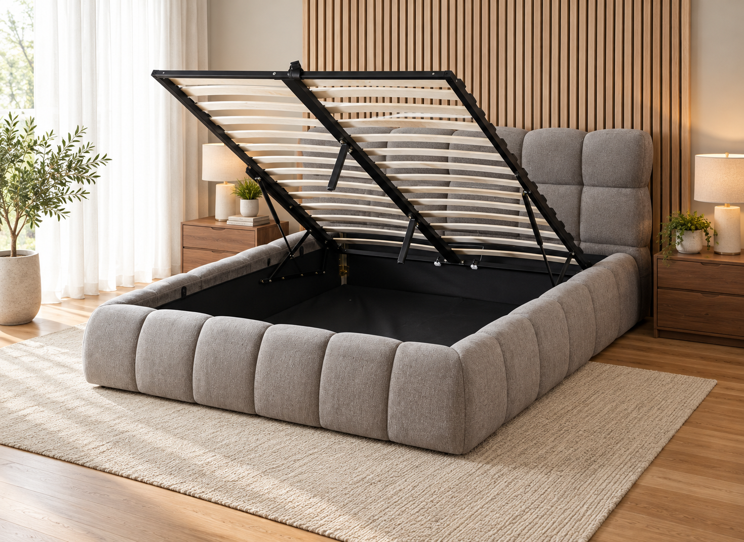 The Maya Upholstered Soft Plush Ottoman Bed Frame - Grey - Double - Image 2
