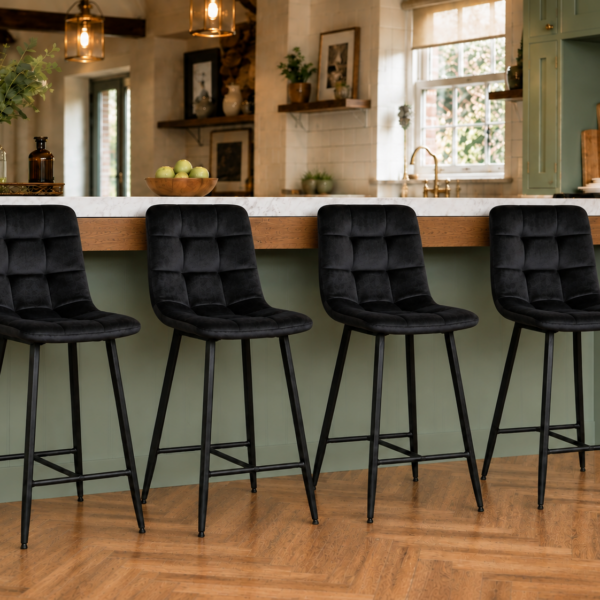 Erica Plush Velvet Comfort Bar Stools - Set of 4 - Black