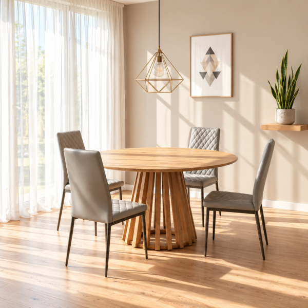 Kayci Round Oak Dining Table with 4 Emily Chairs - Grey