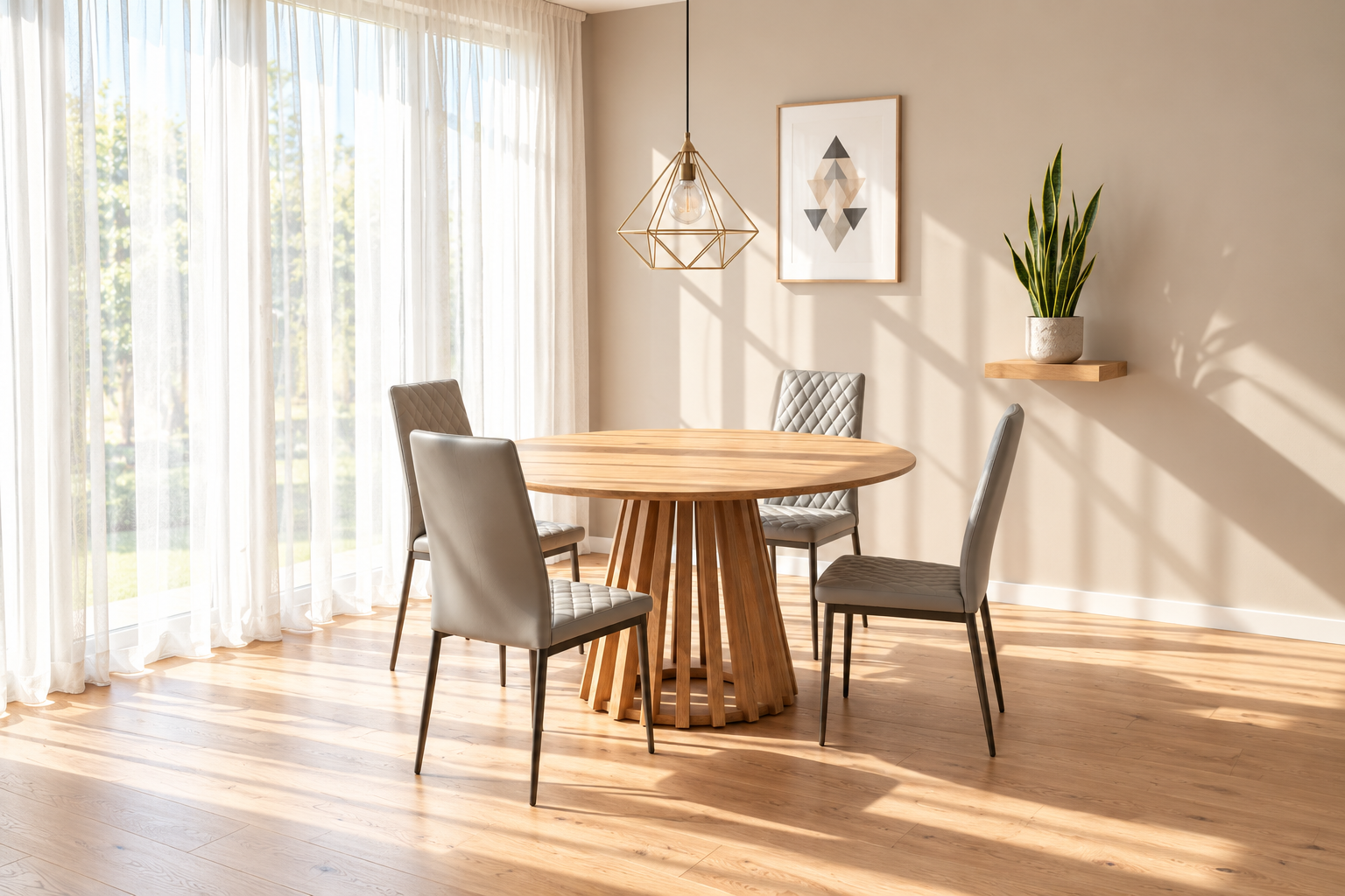 Kayci Round Oak Dining Table with 4 Emily Chairs - Grey