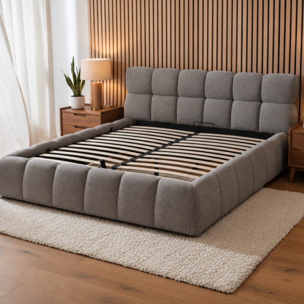 The Maya Upholstered Soft Plush Ottoman Bed Frame - Beige - Double