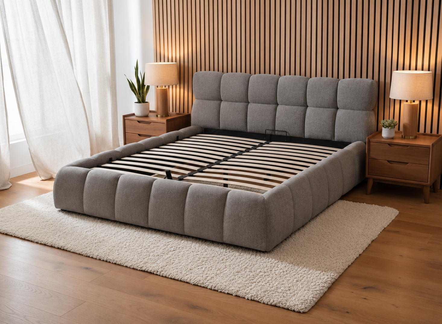 The Maya Upholstered Soft Plush Ottoman Bed Frame - Grey - Double