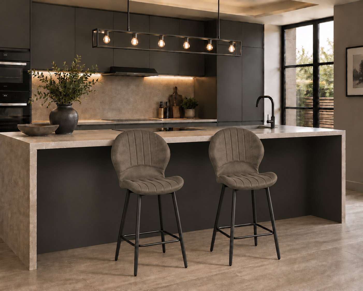 Jaydn Distressed Leather Comfort Bar Stools - Set of 2 - Grey