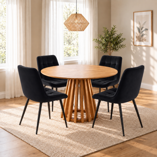 Kayci Round Oak Dining Table with 4 Erica Chairs - Black