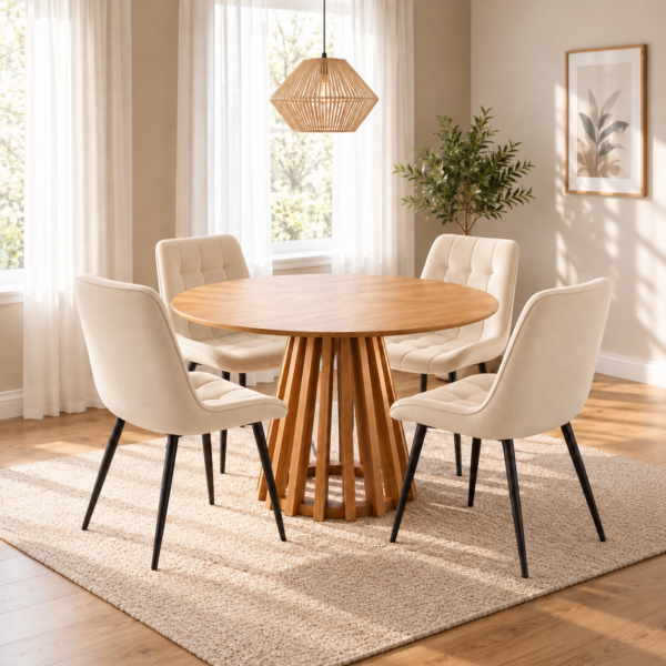Kayci Round Oak Dining Table with 4 Erica Chairs - Cream
