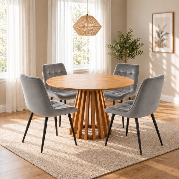 Kayci Round Oak Dining Table with 4 Erica Chairs - Grey
