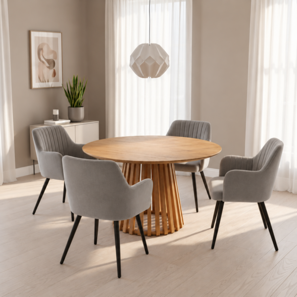 Kayci Round Oak Dining Table with 4 Charlotte Velvet Chairs - Grey