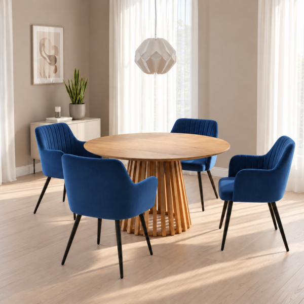 Kayci Round Oak Dining Table with 4 Charlotte Velvet Chairs - Blue