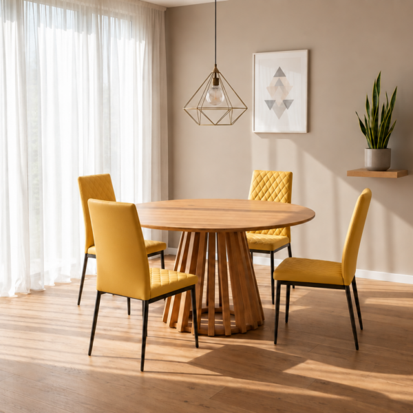 Kayci Round Oak Dining Table with 4 Emily Chairs - Mustard